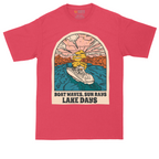Boat Waves Sun Rays Lake Days tall t-shirt for men in Heather Red