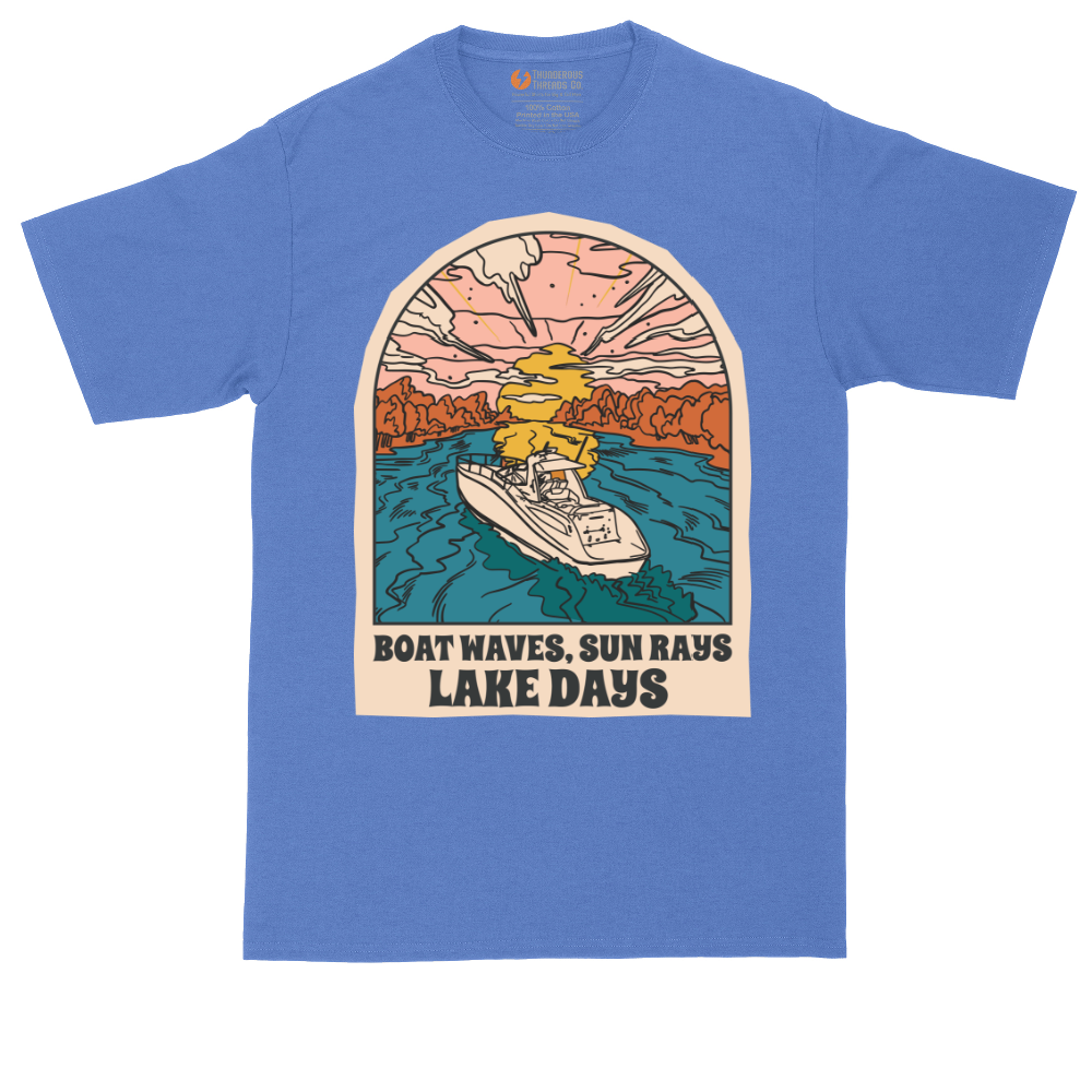 Boat Waves Sun Rays Lake Days tall t-shirt for men in Heather Royal
