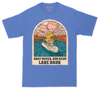 Boat Waves Sun Rays Lake Days tall t-shirt for men in Heather Royal