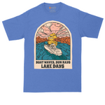 Boat Waves Sun Rays Lake Days tall t-shirt for men in Heather Royal