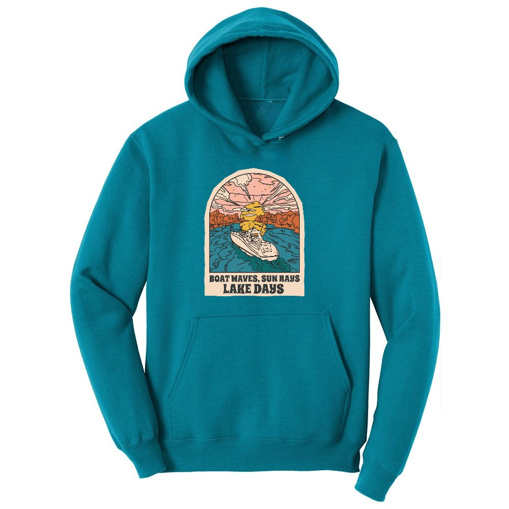 Boat Waves Sun Rays Lake Days Youth Hoodie - Teal