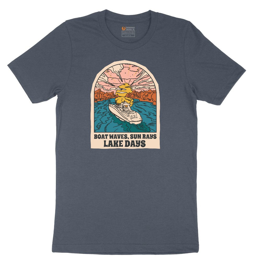 Boat Waves Sun Rays Lake Days Youth Short Sleeve Tee - Heather Navy