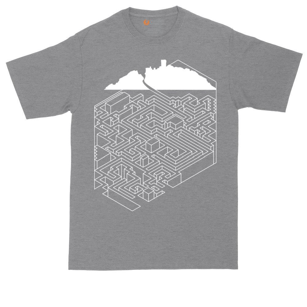 Cube Castle Maze graphic tall t-shirt for men in Athletic Heather