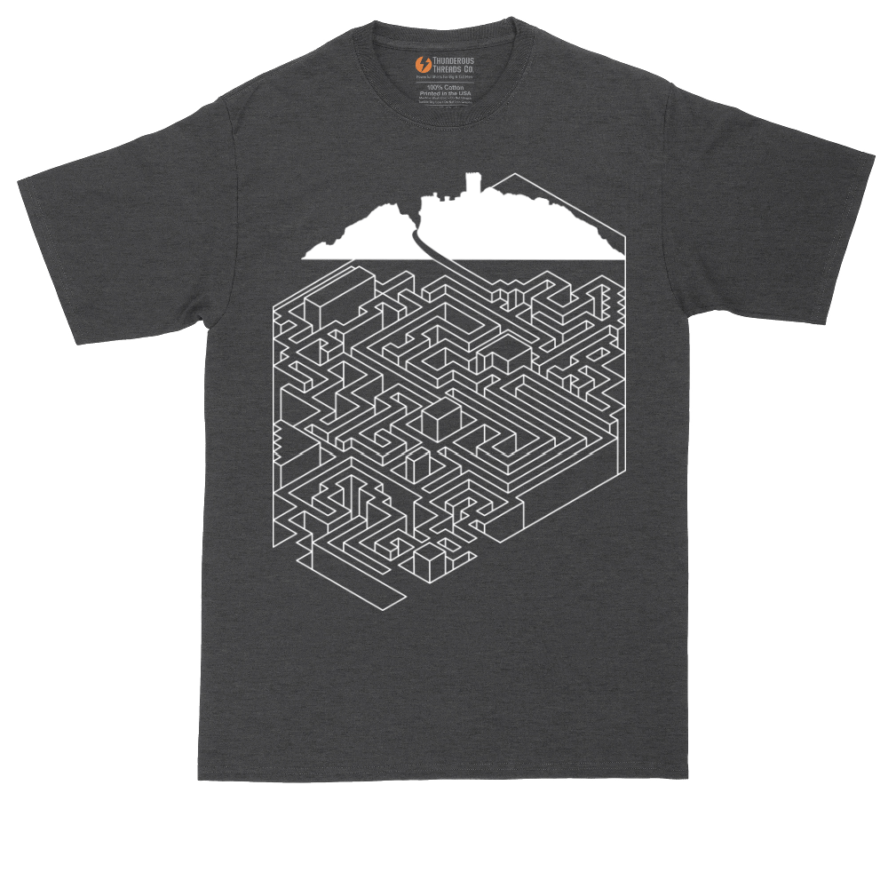 Cube Castle Maze graphic tall t-shirt for men in Dark Heather Grey