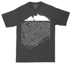 Cube Castle Maze graphic tall t-shirt for men in Dark Heather Grey