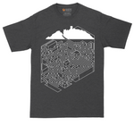 Cube Castle Maze graphic tall t-shirt for men in Dark Heather Grey