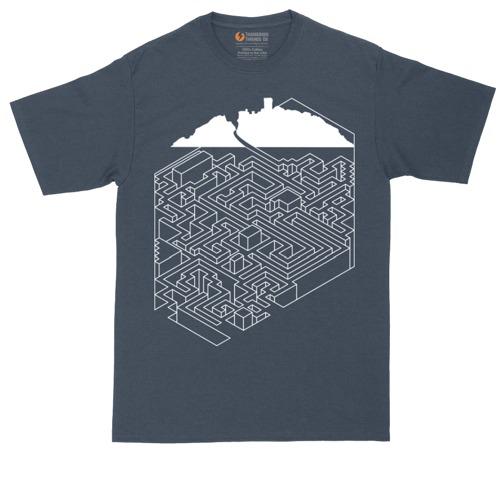Cube Castle Maze graphic tall t-shirt for men in Heather Navy