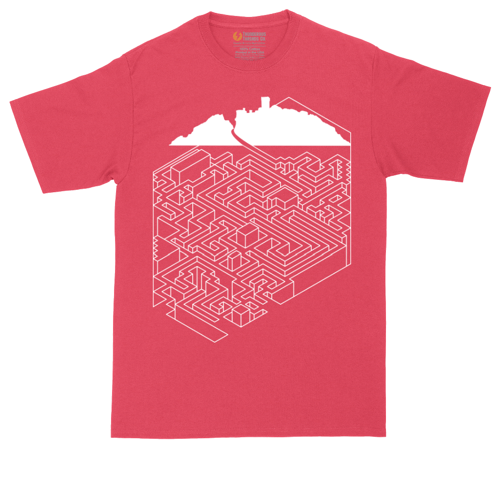 Cube Castle Maze graphic tall t-shirt for men in Heather Red