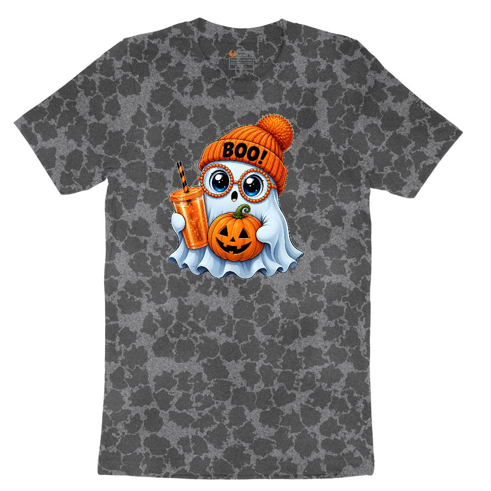 Cute Ghost Boo Halloween Ladies Short Sleeve Tee - Black Leopard