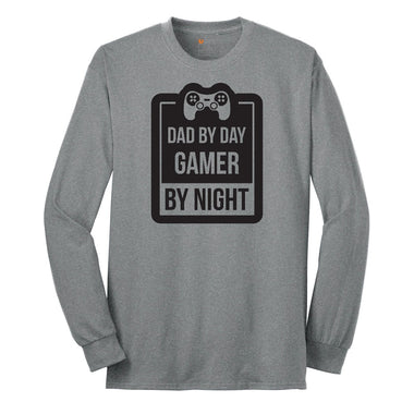 Dad by Day Gamer by Night - Mens & Ladies T-Shirt Long Sleeve Tee - Athletic Grey