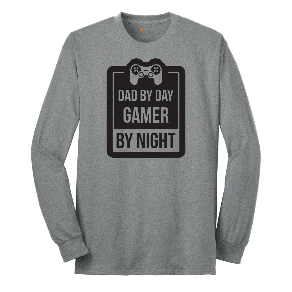 Dad by Day Gamer by Night - Mens & Ladies T-Shirt Long Sleeve Tee - Athletic Grey