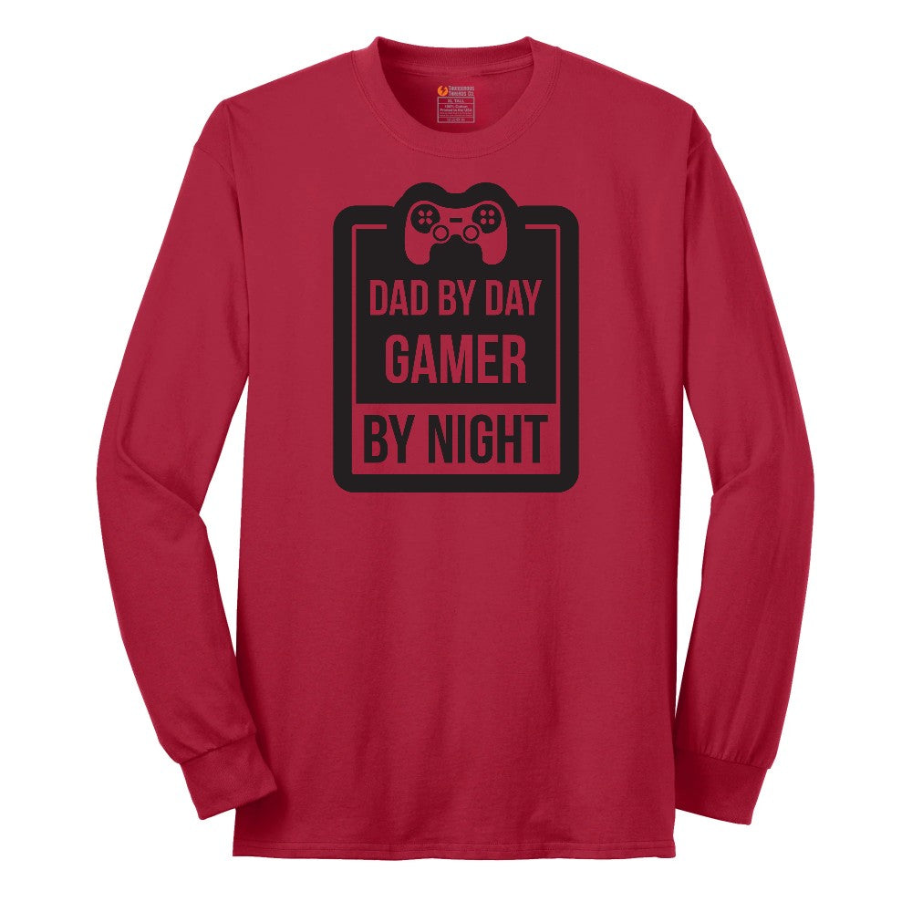 Dad by Day Gamer by Night - Mens & Ladies T-Shirt Long Sleeve Tee - Red