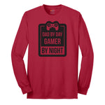 Dad by Day Gamer by Night - Mens & Ladies T-Shirt Long Sleeve Tee - Red