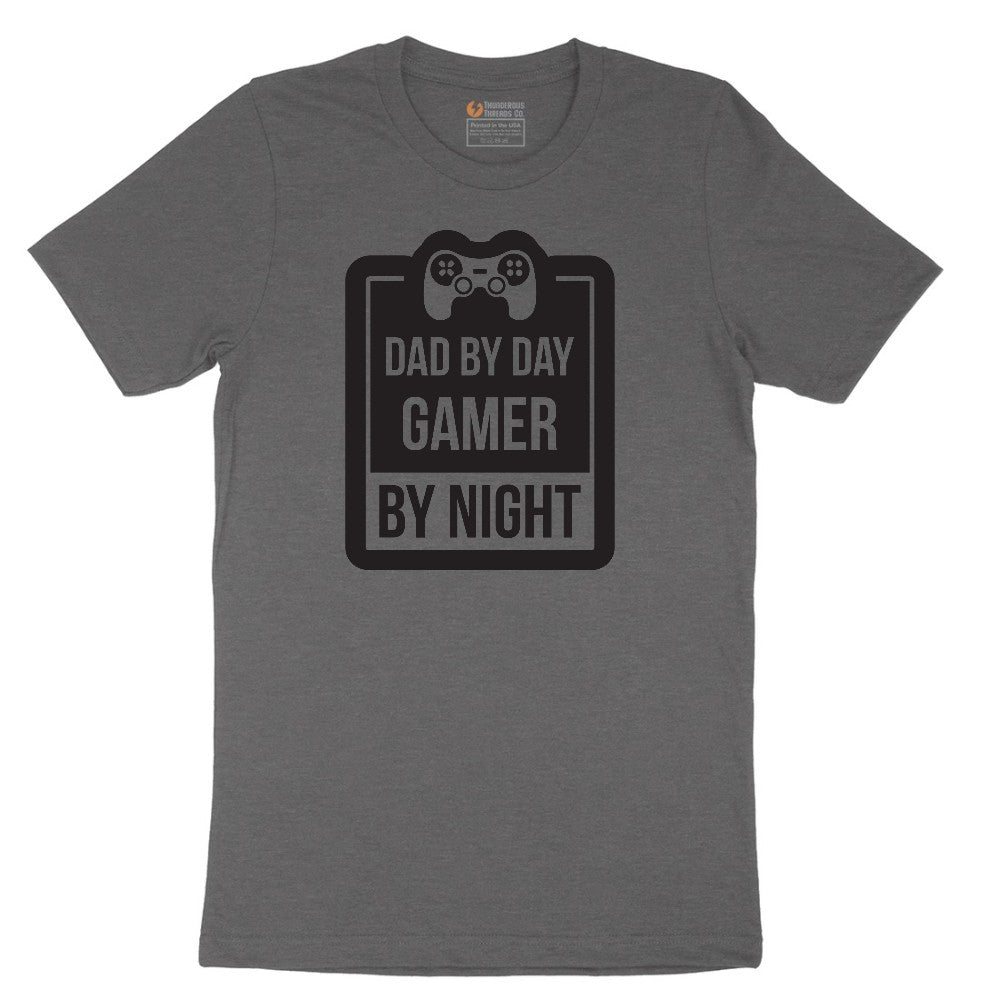 Dad by Day Gamer by Night - Mens & Ladies T-Shirt Short Sleeve Tee - Dark Heather Grey
