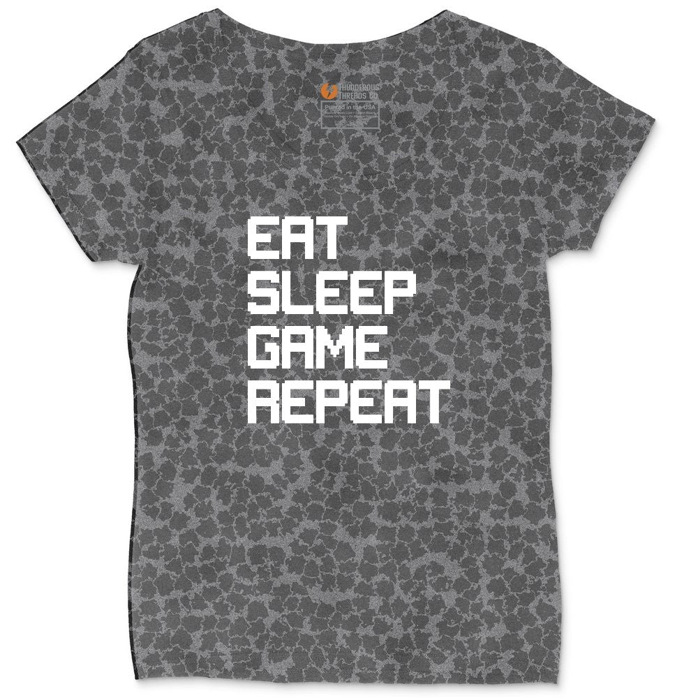 Eat Sleep Game Repeat - Mens & Ladies T-Shirt Ladies Curvy Tee - Black Leopard