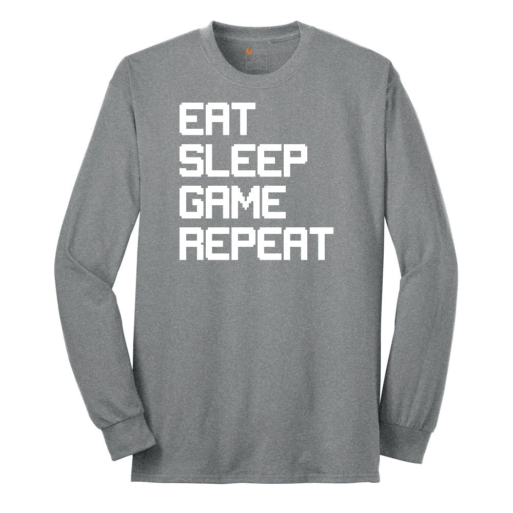 Eat Sleep Game Repeat - Mens & Ladies T-Shirt Long Sleeve Tee - Athletic Grey