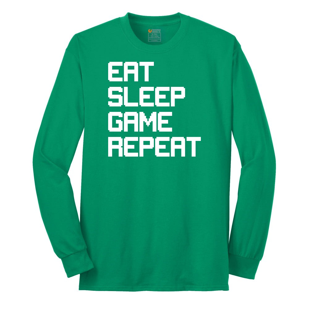 Eat Sleep Game Repeat - Mens & Ladies T-Shirt Long Sleeve Tee - Kelly Green
