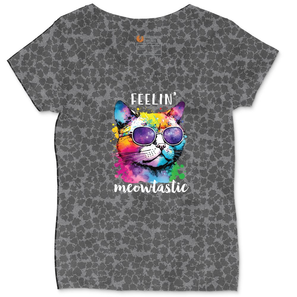 Feeling Meowtastic Cat Design Ladies Curvy Tee - Black Leopard