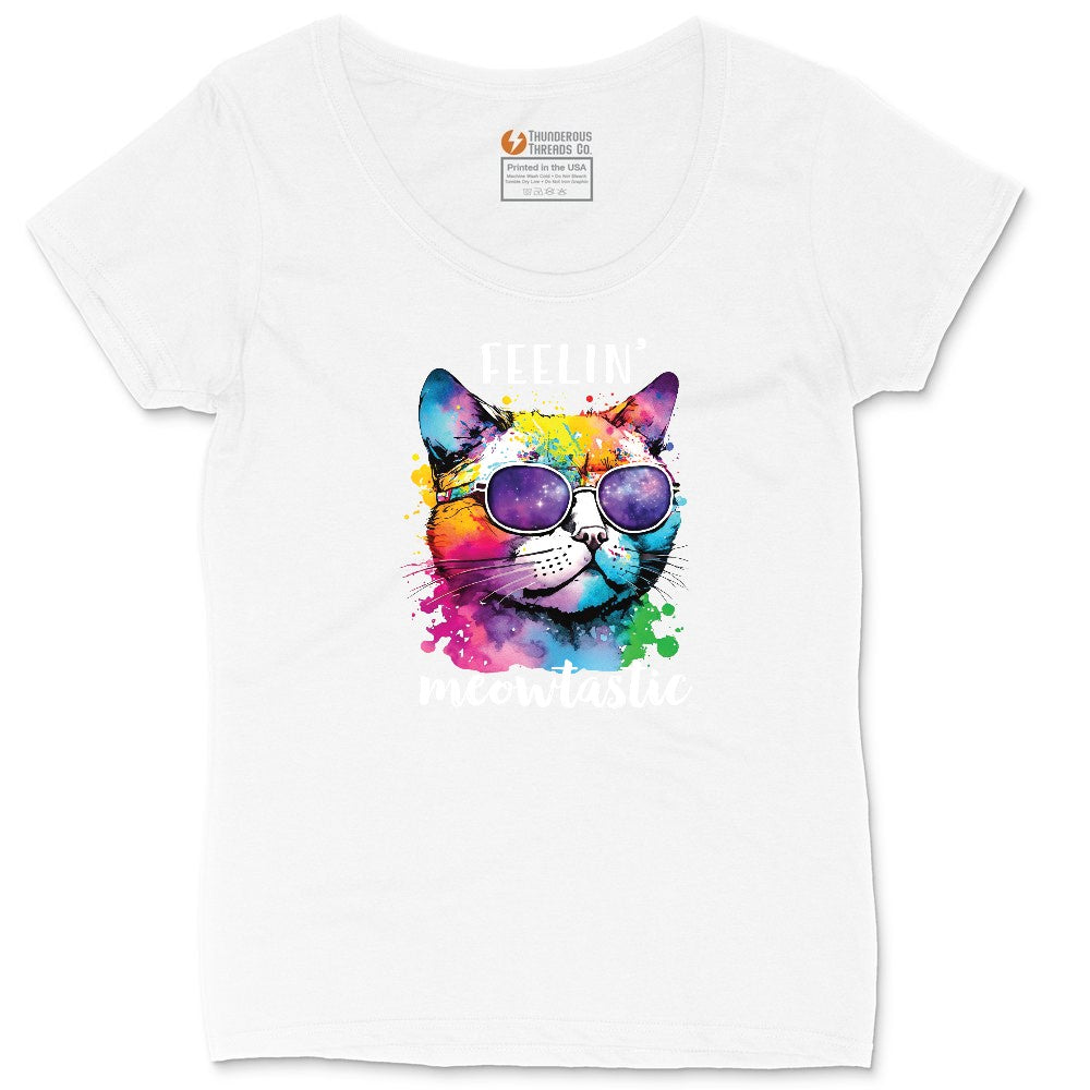 Feeling Meowtastic Cat Design Ladies Curvy Tee - White