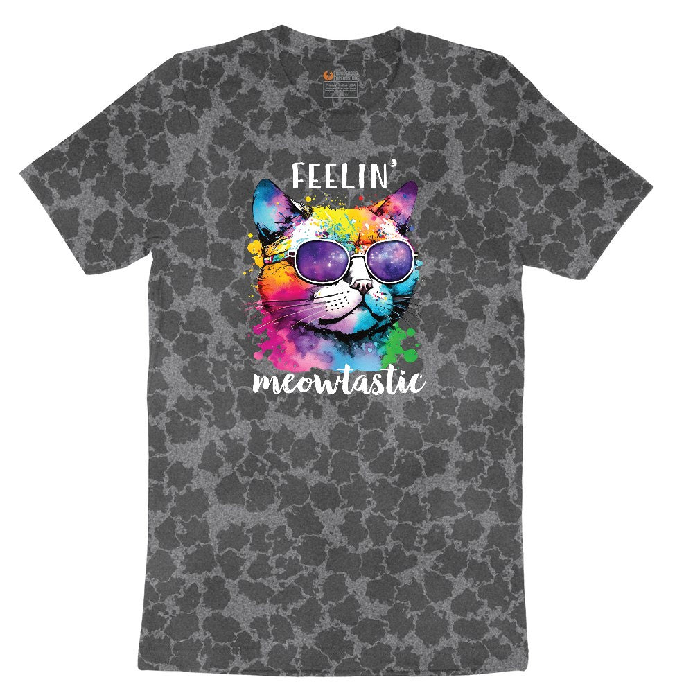 Feeling Meowtastic Cat Design Ladies Short Sleeve Tee - Black Leopard