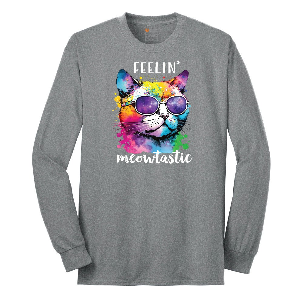 Feeling Meowtastic Cat Design Long Sleeve Tee - Athletic Grey