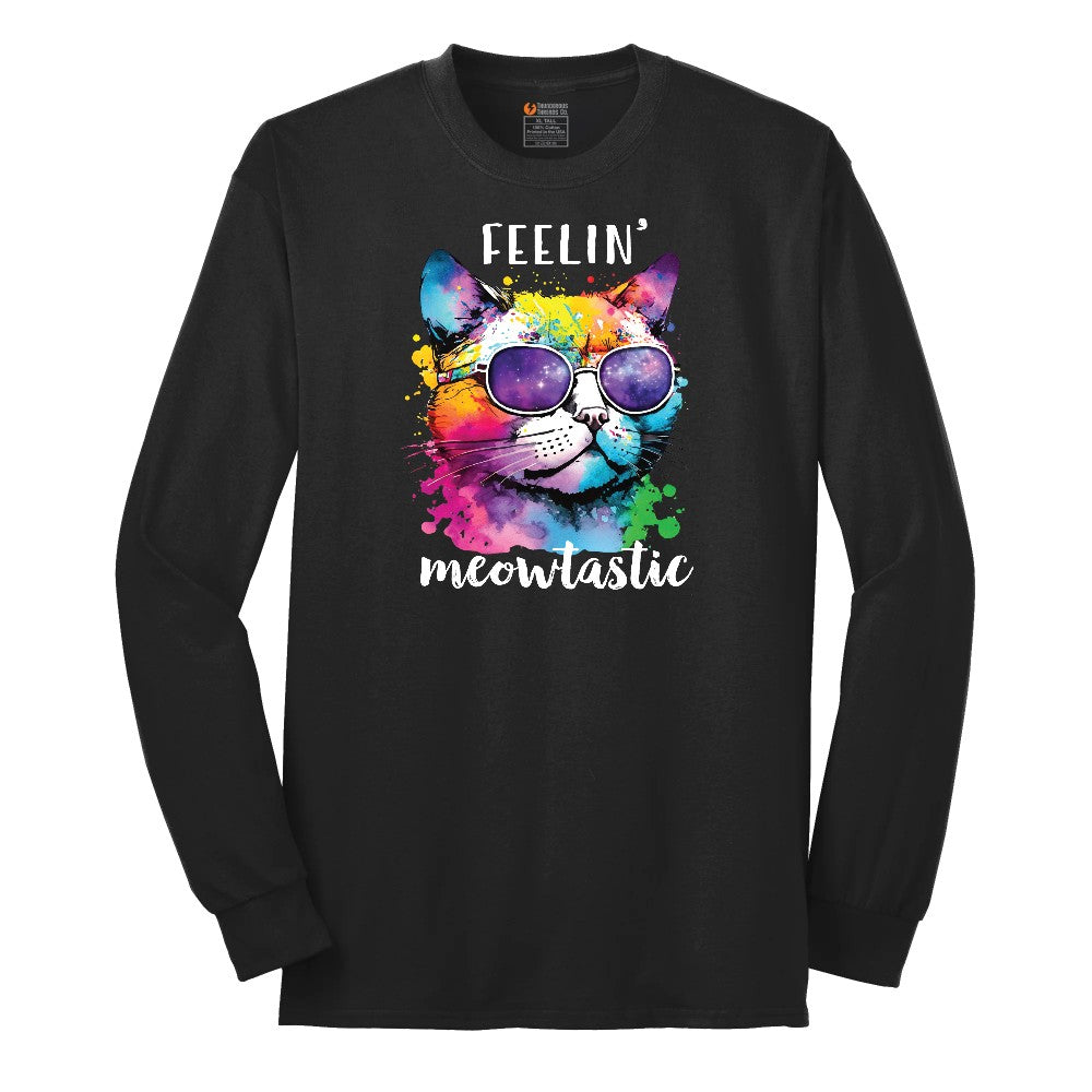 Feeling Meowtastic Cat Design Long Sleeve Tee - Jet Black
