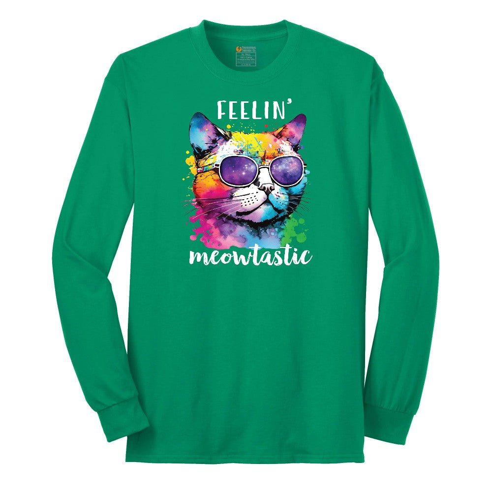Feeling Meowtastic Cat Design Long Sleeve Tee - Kelly Green