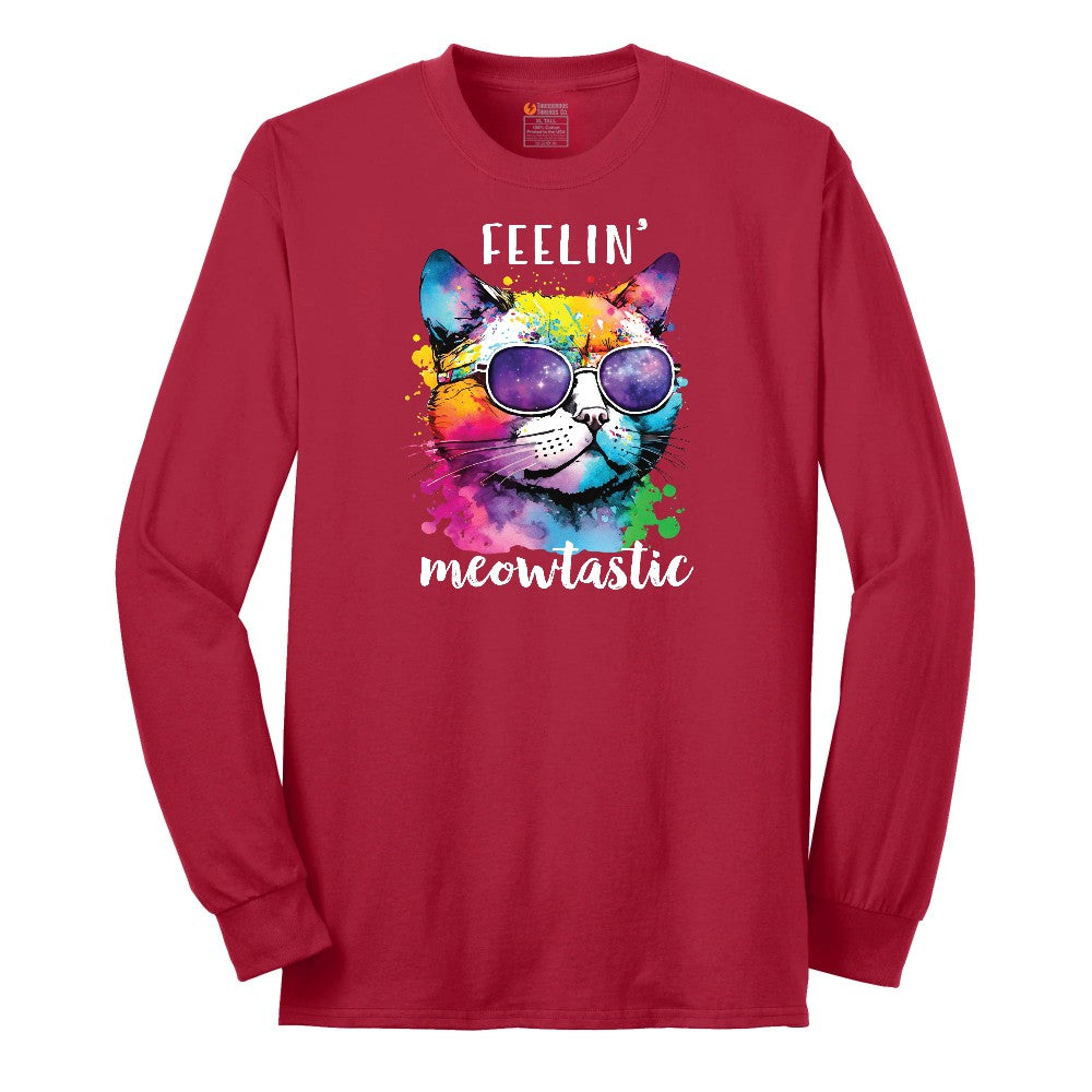 Feeling Meowtastic Cat Design Long Sleeve Tee - Red