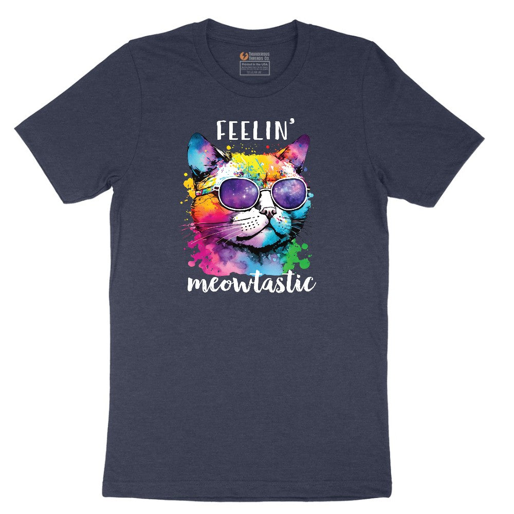 Feeling Meowtastic Cat Design Short Sleeve Tee - Heather Navy