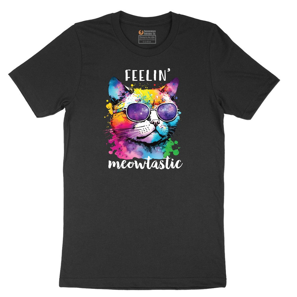 Feeling Meowtastic Cat Design Short Sleeve Tee - Jet Black