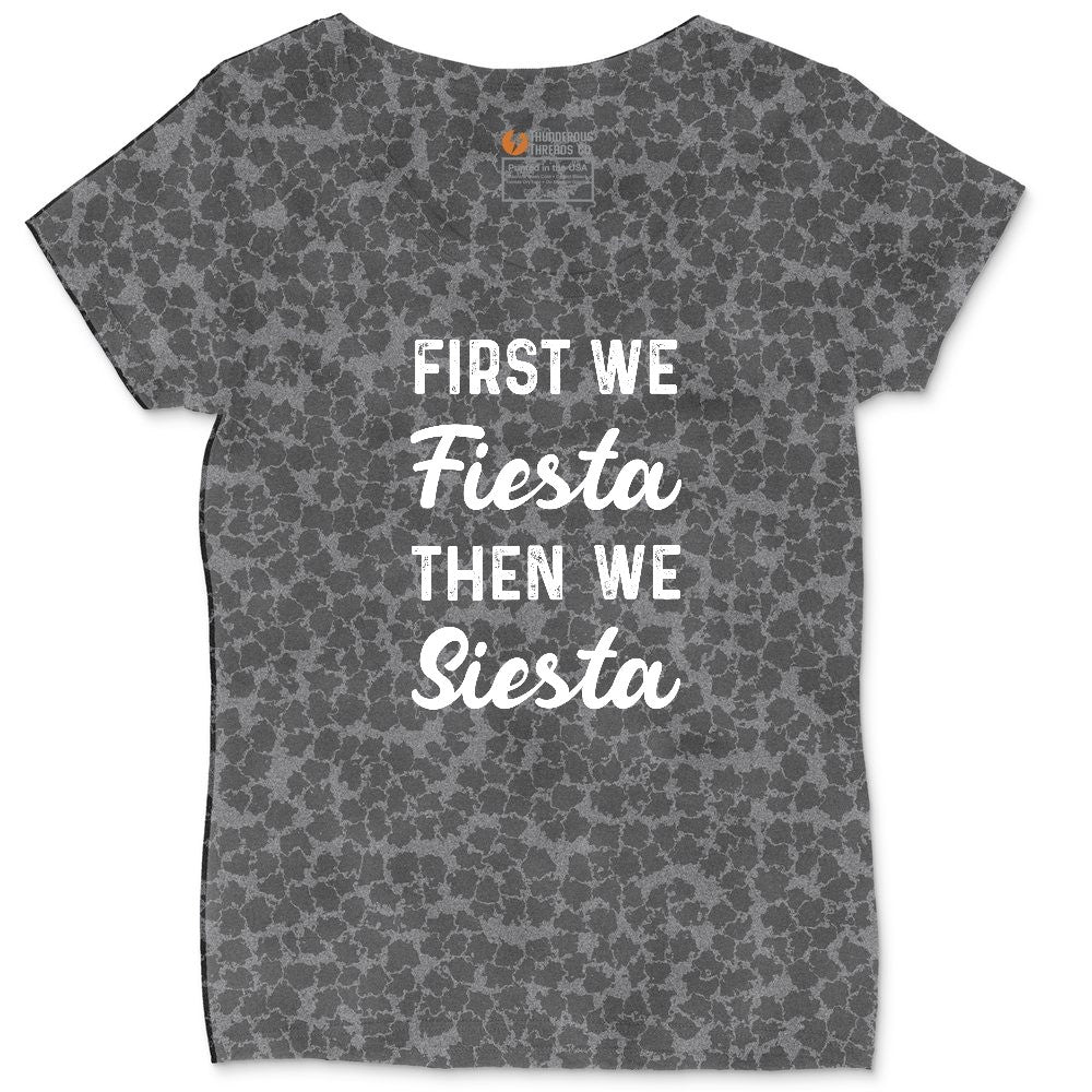 First We Fiesta then We Siesta Ladies Curvy Tee - Black Leopard