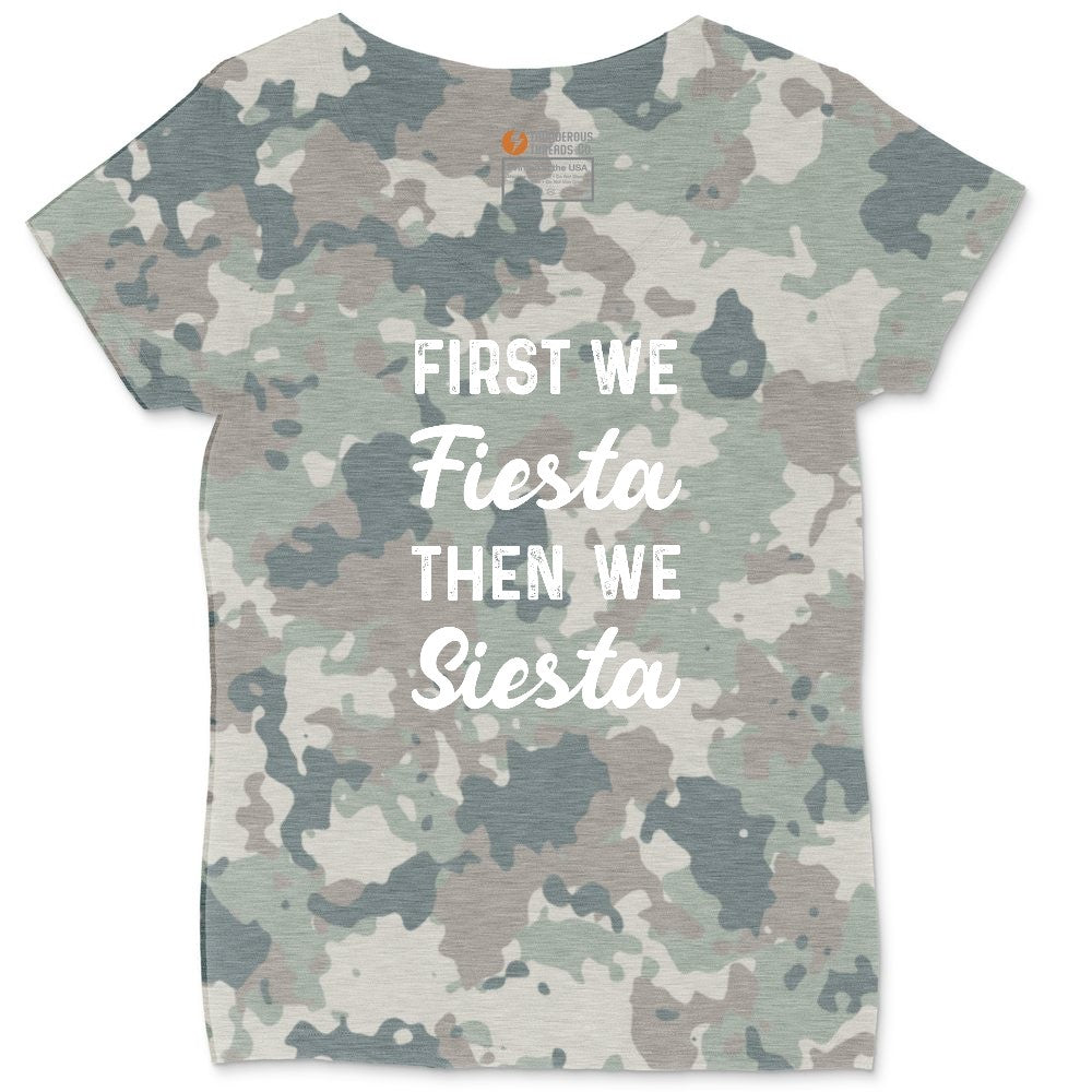 First We Fiesta then We Siesta Ladies Curvy Tee - Vintage Camo