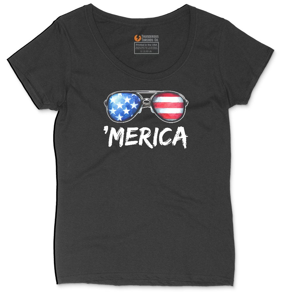 Flag Sun Glasses Ladies Curvy Tee - Black
