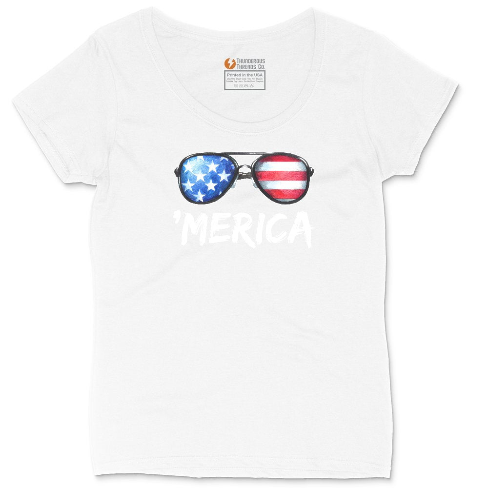 Flag Sun Glasses Ladies Curvy Tee - White