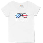 Flag Sun Glasses Ladies Curvy Tee - White