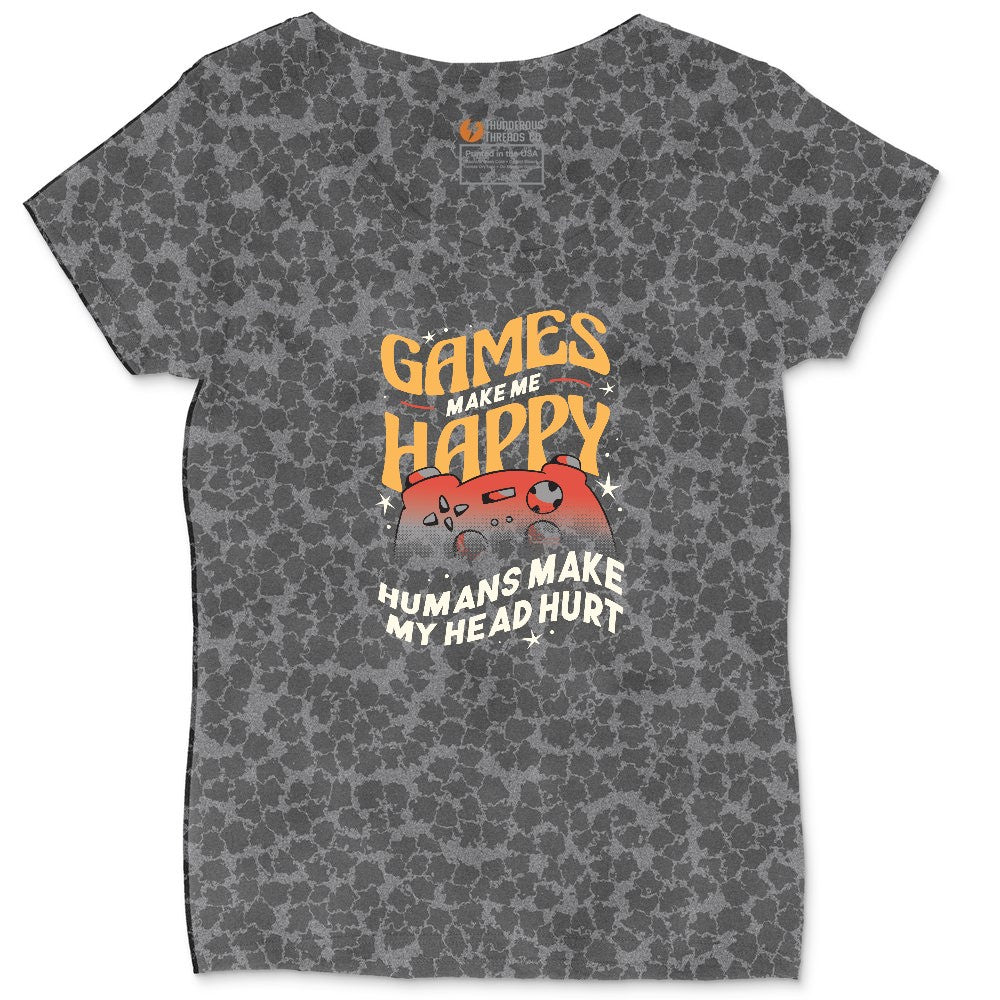 Games Make Me Happy Humans Make My Head Hurt - Mens & Ladies T-Shirt Ladies Curvy Tee - Black Leopard