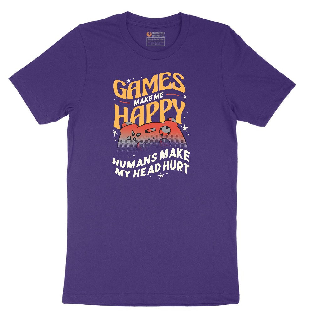Games Make Me Happy Humans Make My Head Hurt - Mens & Ladies T-Shirt Short Sleeve Tee - Team Purple