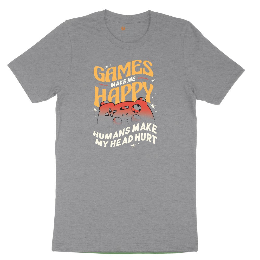 Games Make Me Happy Humans Make My Head Hurt - Mens & Ladies T-Shirt Youth Short Sleeve Tee - Athletic Heather