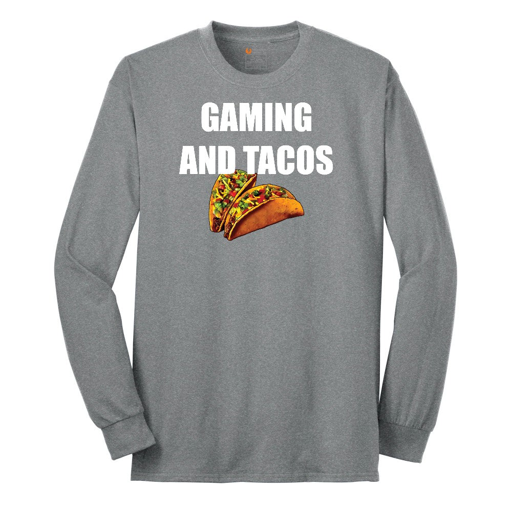 Gaming and Tacos - Mens & Ladies T-Shirt Long Sleeve Tee - Athletic Grey