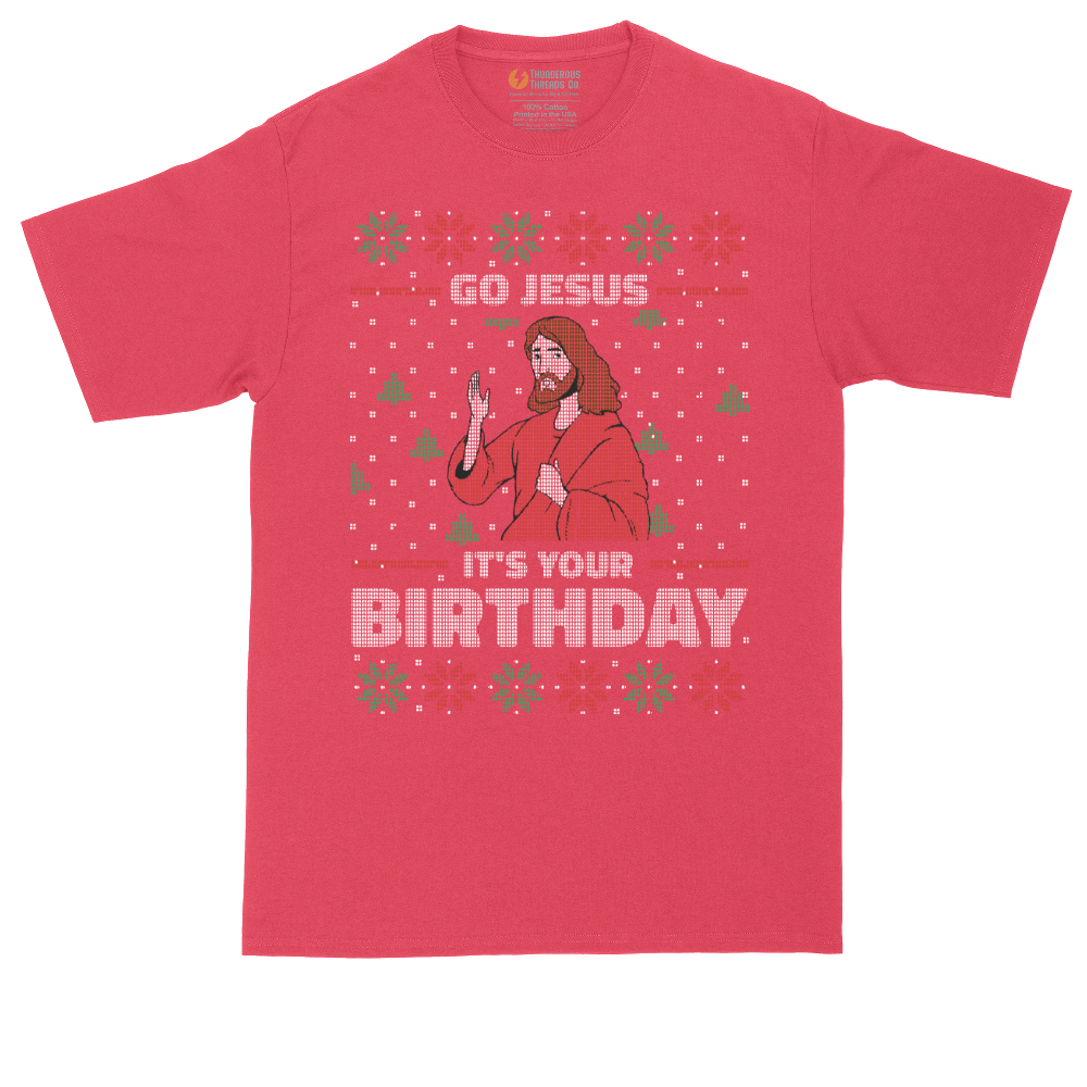 Go Jesus It's Your Birthday tall t-shirt for men in Heather Red