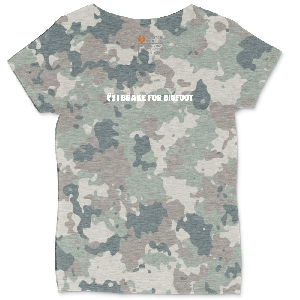 I Brake for Bigfoot Ladies Curvy Tee - Vintage Camo