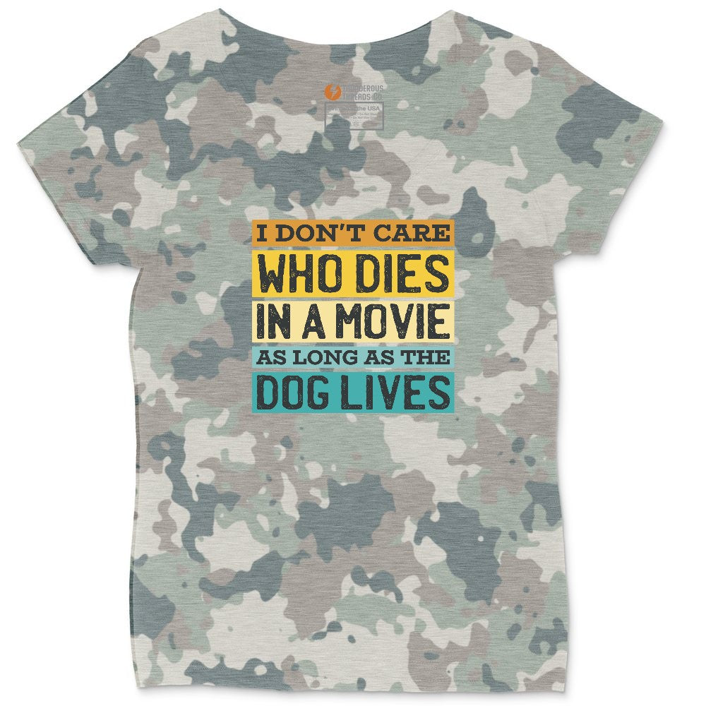 I Dont Care Who Dies in a Movie as Long as the Dog Lives Ladies Curvy Tee - Vintage Camo