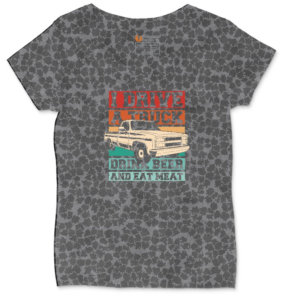 I Drive a Truck Drink Beer and Eat Meat Ladies Curvy Tee - Black Leopard