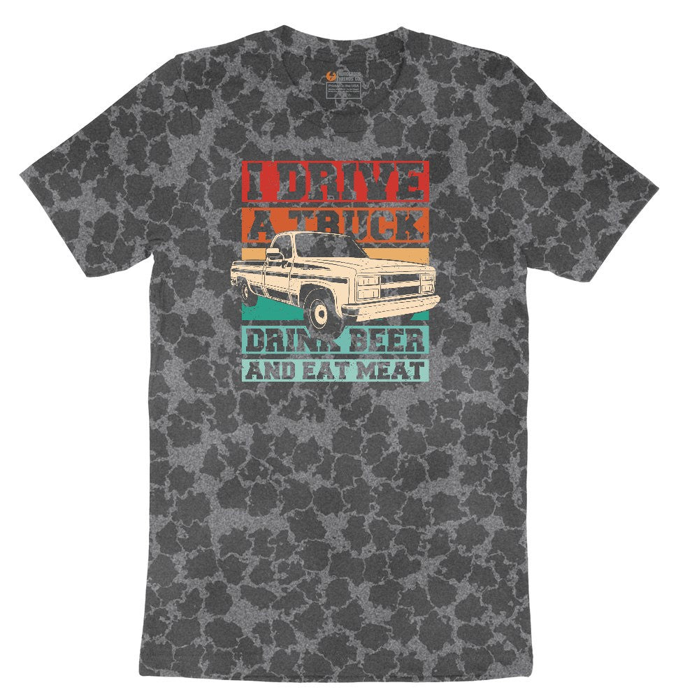 I Drive a Truck Drink Beer and Eat Meat Ladies Short Sleeve Tee - Black Leopard