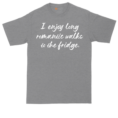 I Enjoy Long Romantic Walks to the Fridge tall t-shirt for men in Dark Heather Grey