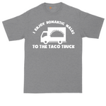 I Enjoy Romantic Walks to the Taco Truck tall t-shirt for men in Athletic Heather