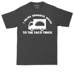 I Enjoy Romantic Walks to the Taco Truck tall t-shirt for men in Dark Heather Grey