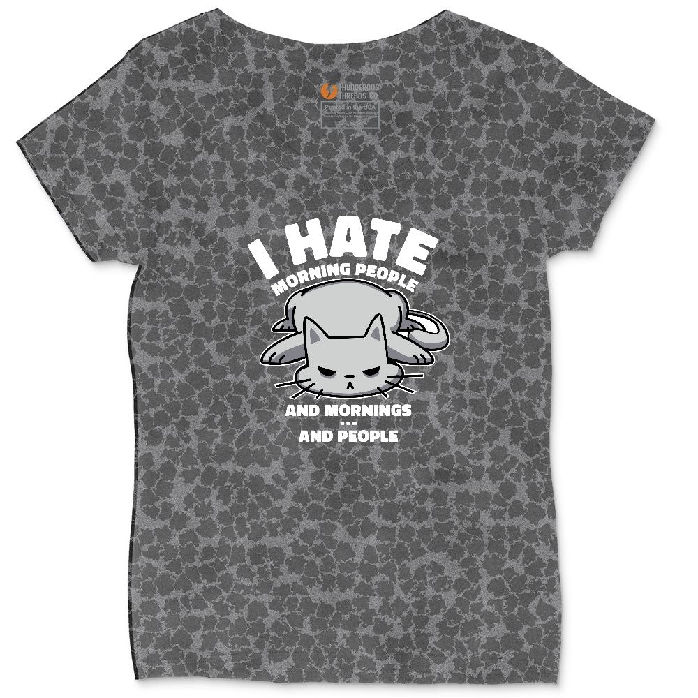 I Hate Morning People Cat Design Ladies Curvy Tee - Black Leopard