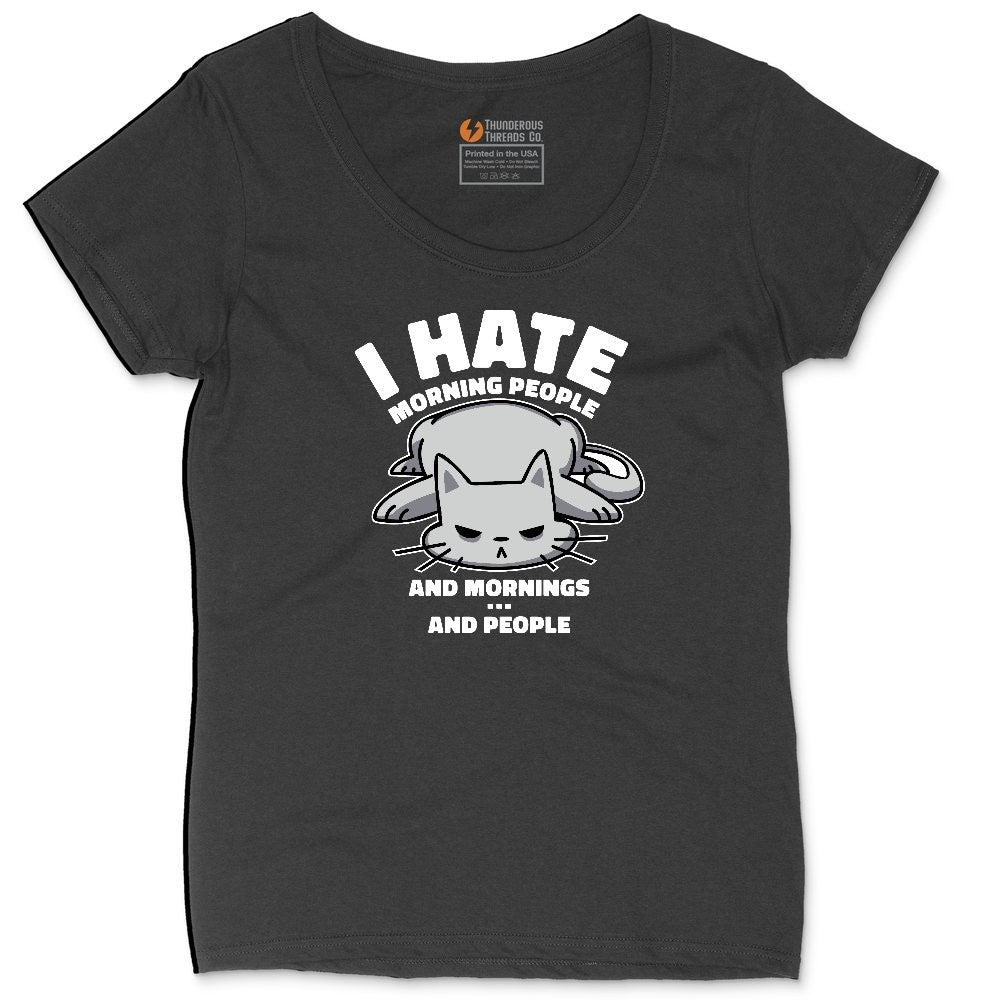 I Hate Morning People Cat Design Ladies Curvy Tee - Black