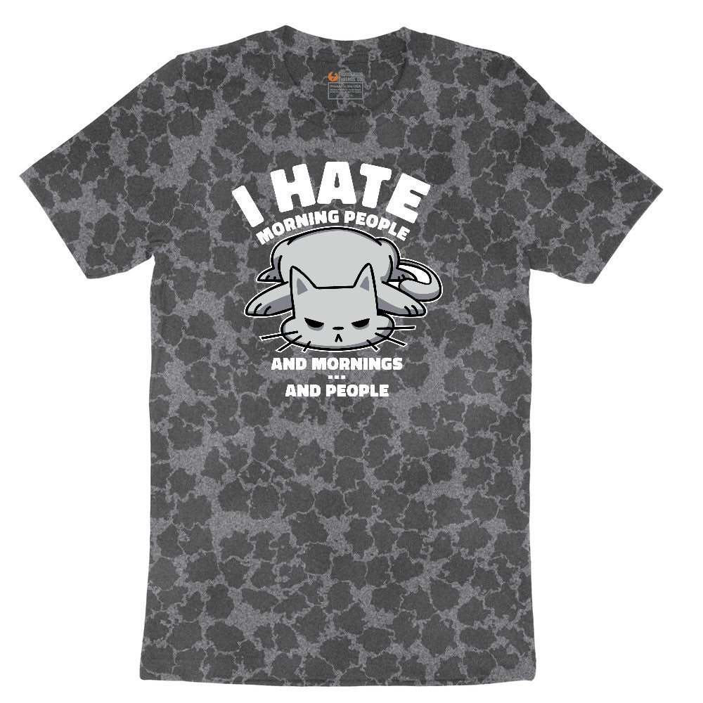 I Hate Morning People Cat Design Ladies Short Sleeve Tee - Black Leopard